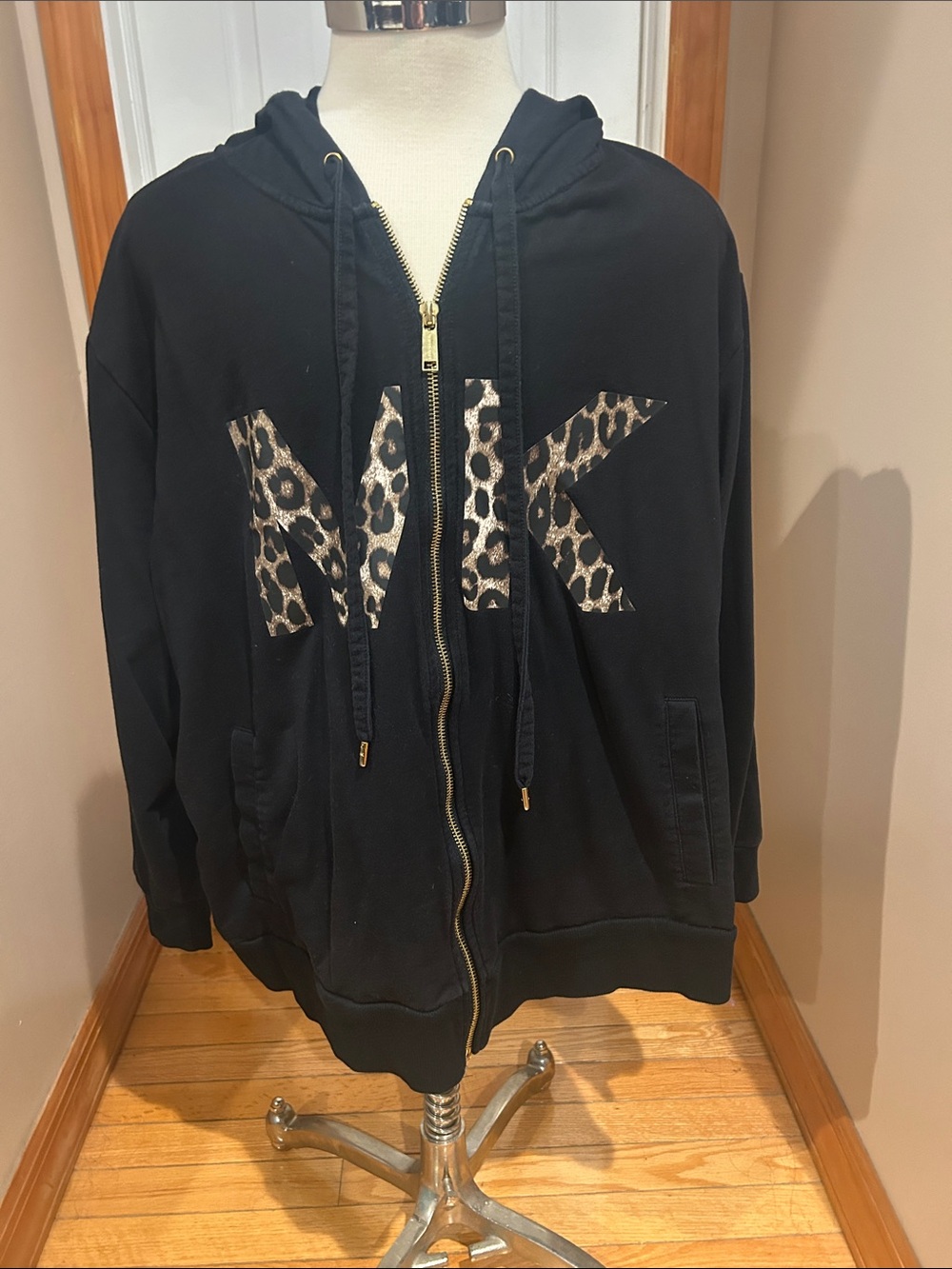 Michael Kors MK Zip-Up Hoodie with Leopard Logo - Black
